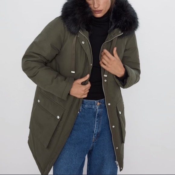 Zara Jackets & Blazers - Zara Olive Green Puffer Parka Coat Faux Fur Hoodie Small